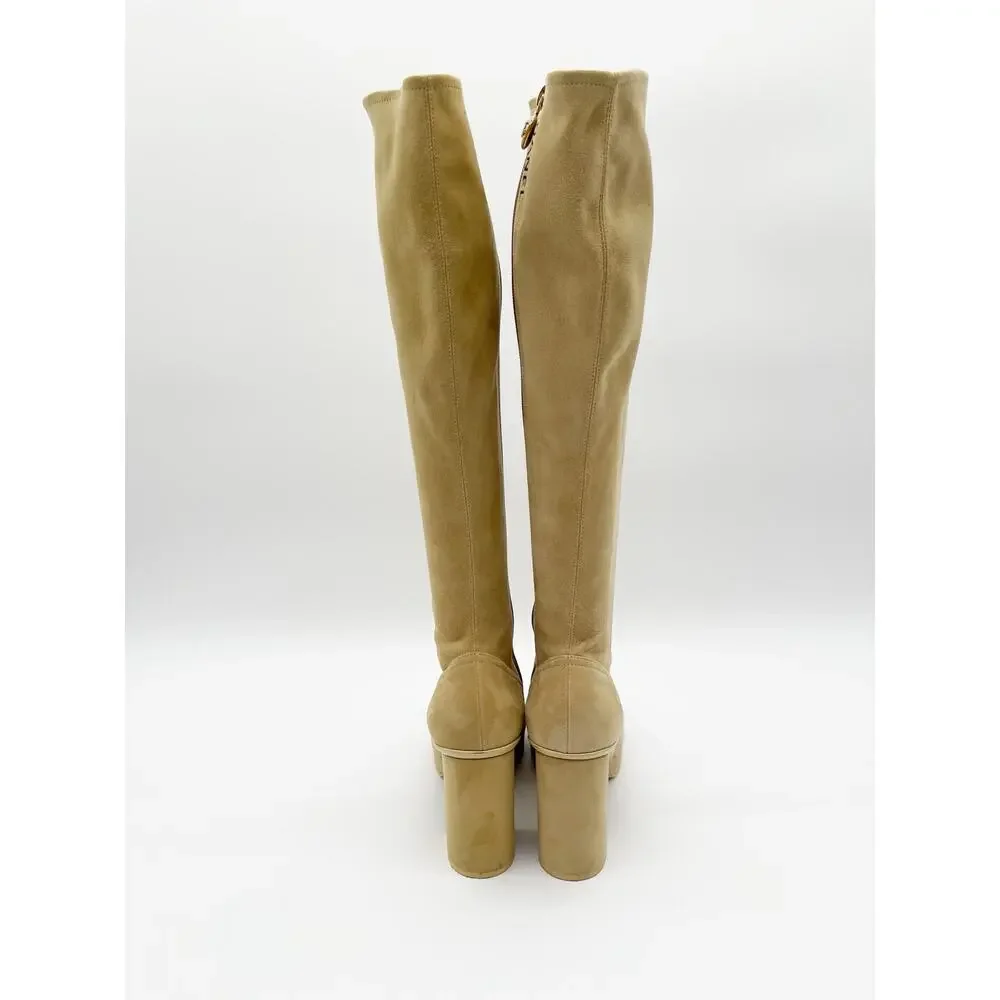 Chanel FW 2023 Beige Suede Cap Toe Knee High Block Heel Boots EU 40 CC Charm Zip